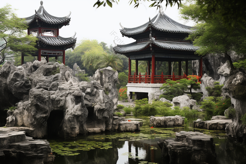 苏州园林风格建筑池塘摄影,高清,摄影图,摄影图片,图片大全,摄影图免费下载